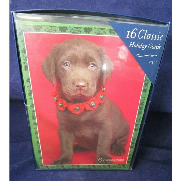 Chocolate Lab Puppy in Christmas Collar 16 Classic Holiday Cards New Old Stock - Picture 1 of 7